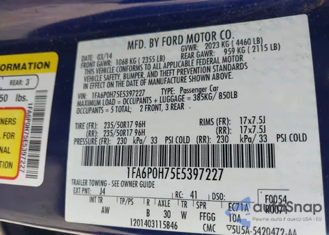 2014 Ford Fusion Se z USA, uszkodzony, nr VIN 1FA6P0H75E5397227
